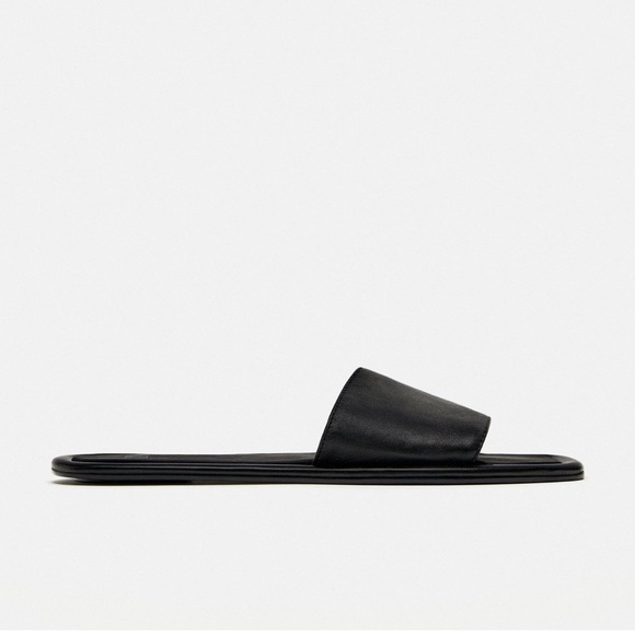 NEW ZARA MINIMALIST BLACK LEATHER FLAT SANDALS 8 - Picture 2 of 10